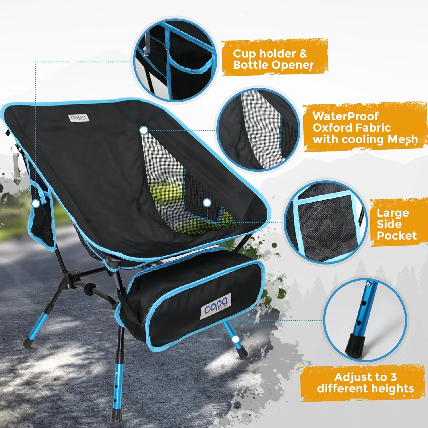 Adjustable Folding Camping Chairs, Ultra Light Backpacking Chair, Portable Folding Chair with Side Pocket and Cup Holder Bonus Bottle Opener Camping Chair (Blue)