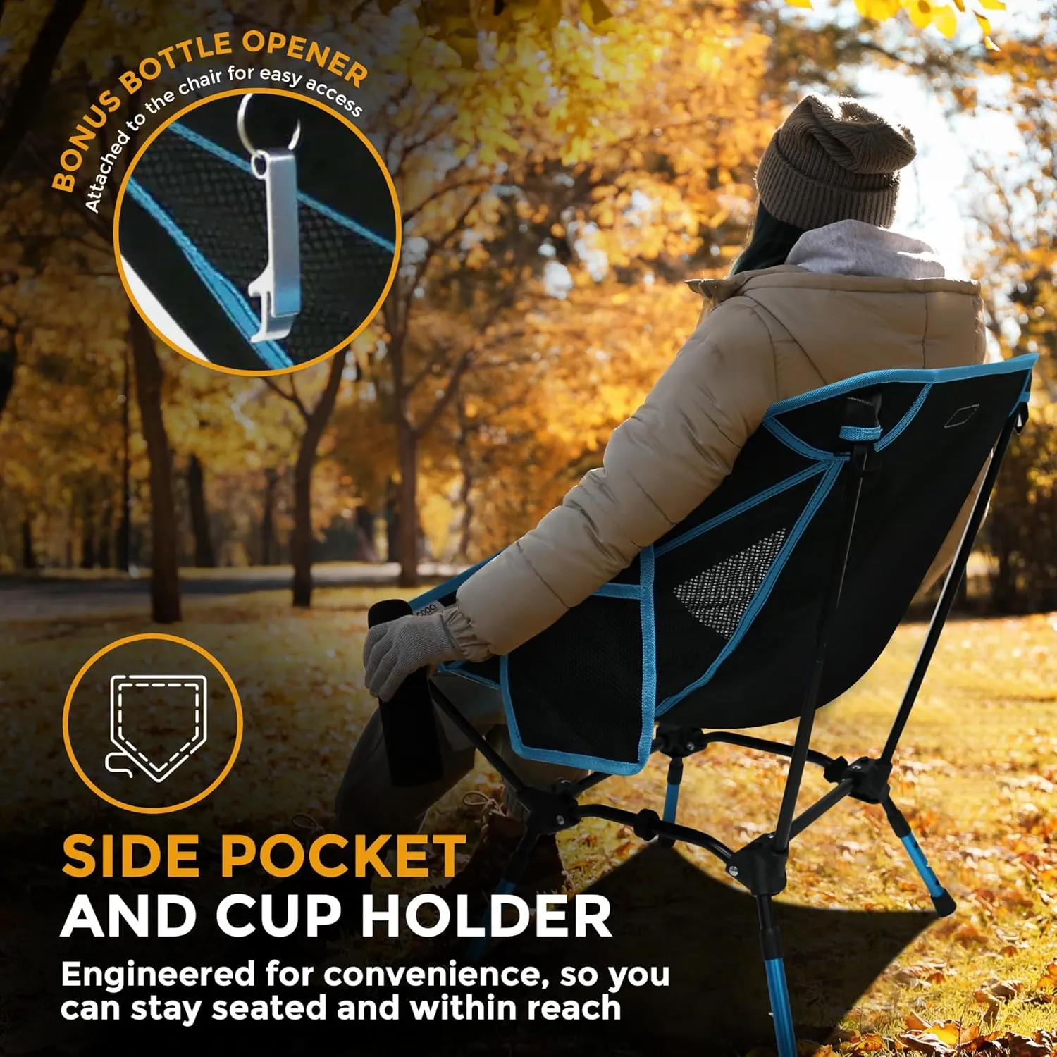 Adjustable Folding Camping Chairs, Ultra Light Backpacking Chair, Portable Folding Chair with Side Pocket and Cup Holder Bonus Bottle Opener Camping Chair (Blue)