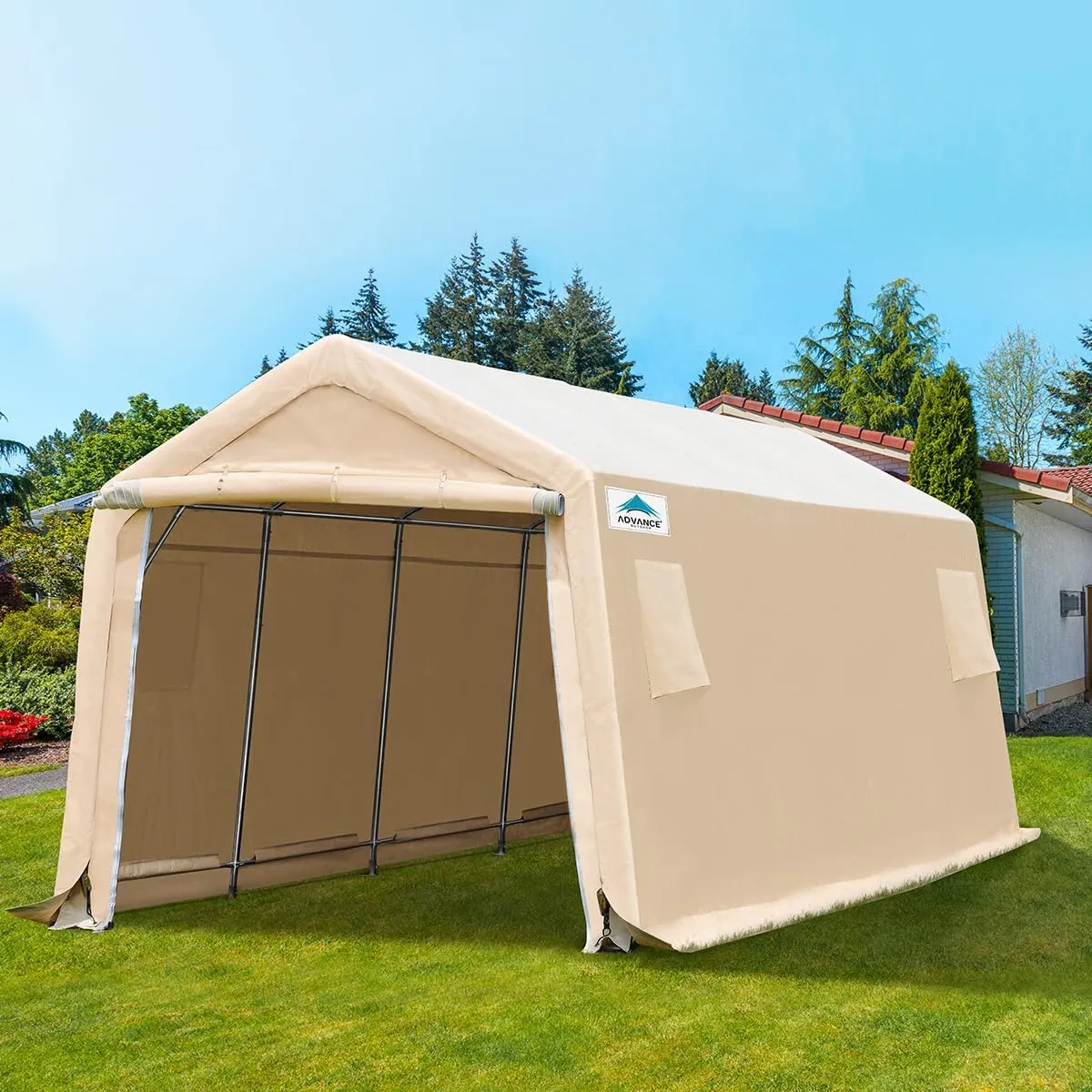 ADVANCE OUTDOOR Heavy Duty 10X20 ft Carport Outdoor Patio Portable Canopy Storage Shelter Shed with 2 Rolled up Zipper Doors & Vents for Snowmobile Garden Tools, Beige
