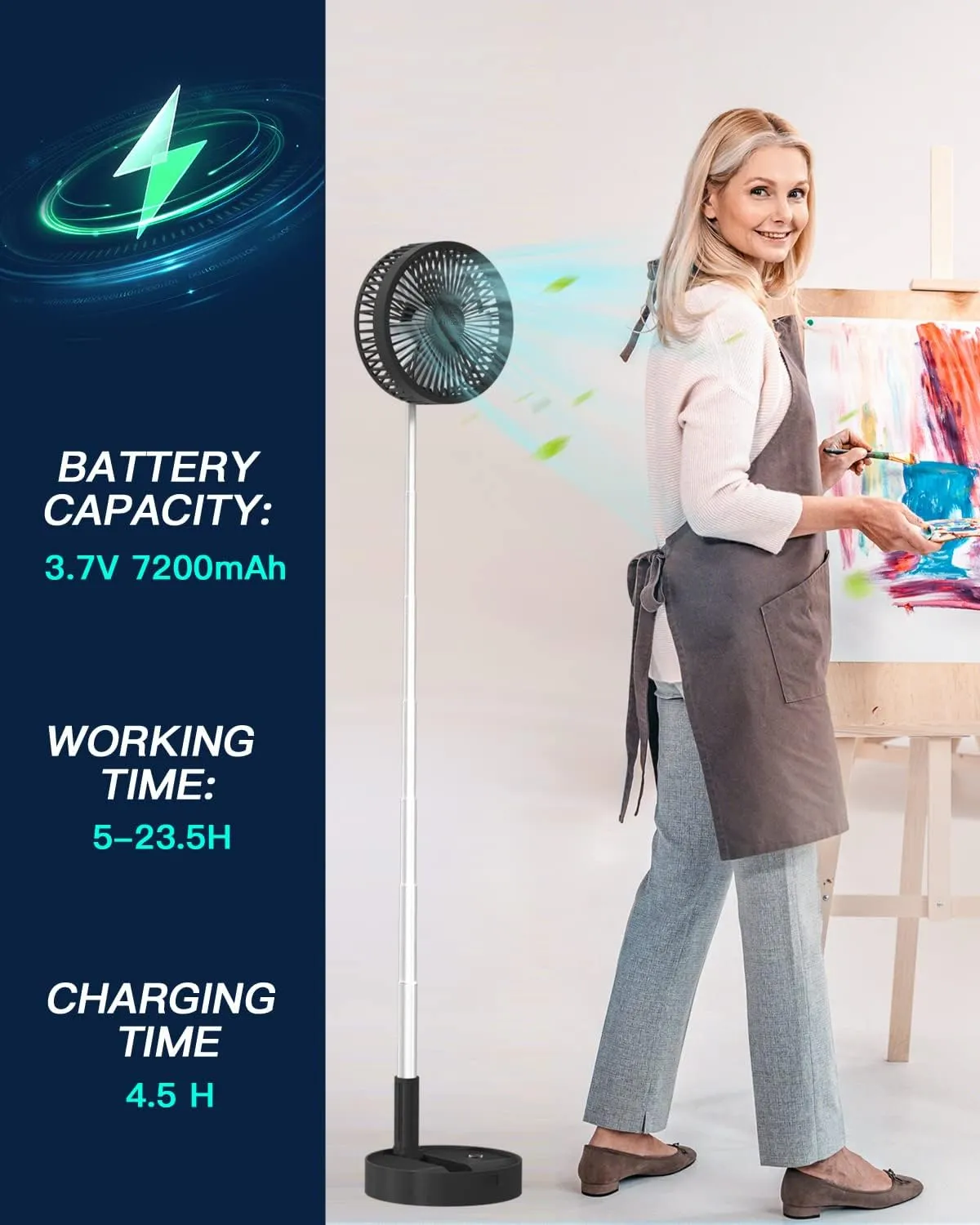 AICase Stand Fan,Folding Portable Telescopic Floor/USB Desk Fan with 7200mAh Rechargeable Battery,4 Speeds Super Quiet Adjustable Height and Head Great for Office Home Outdoor Camping-Black