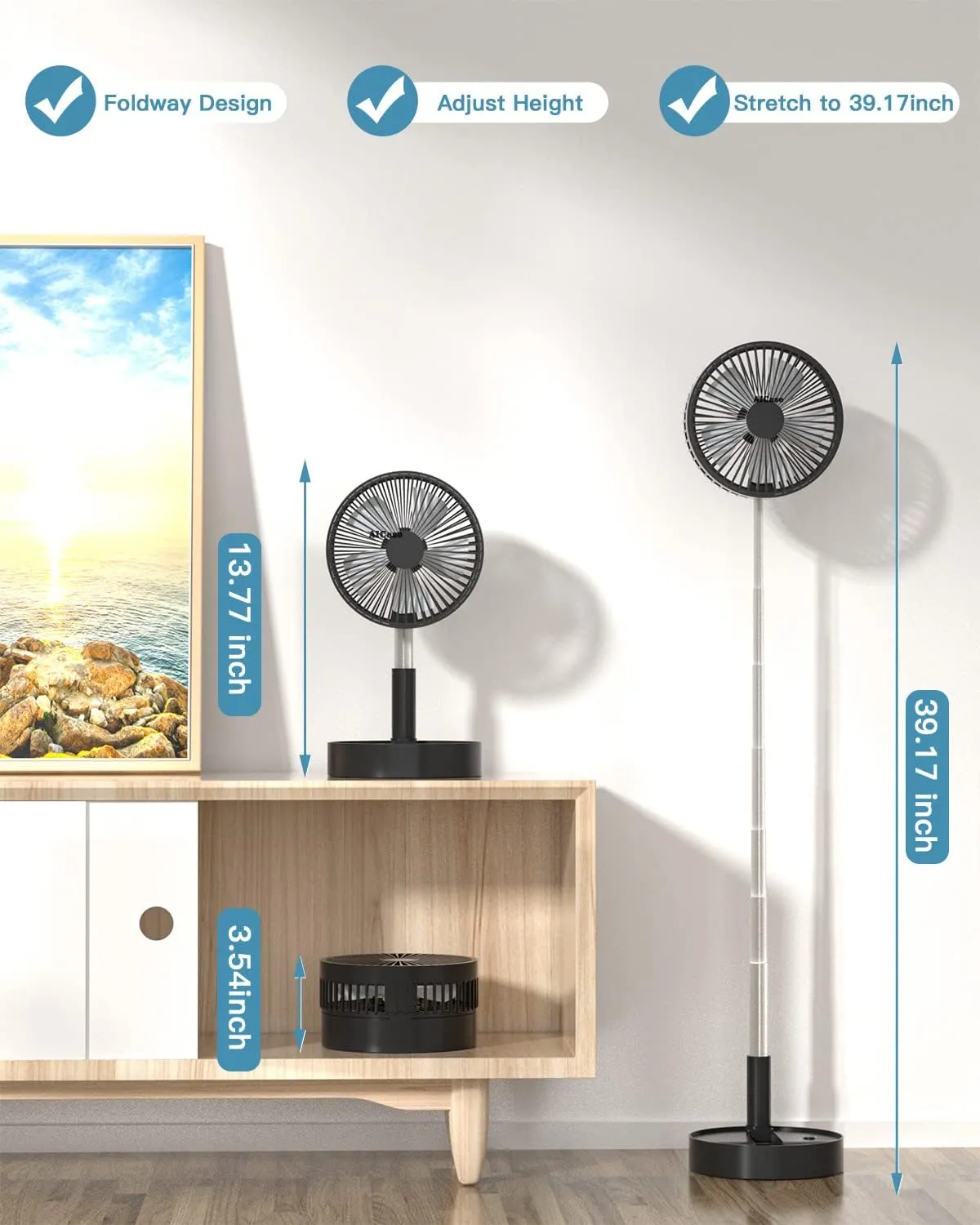AICase Stand Fan,Folding Portable Telescopic Floor/USB Desk Fan with 7200mAh Rechargeable Battery,4 Speeds Super Quiet Adjustable Height and Head Great for Office Home Outdoor Camping-Black