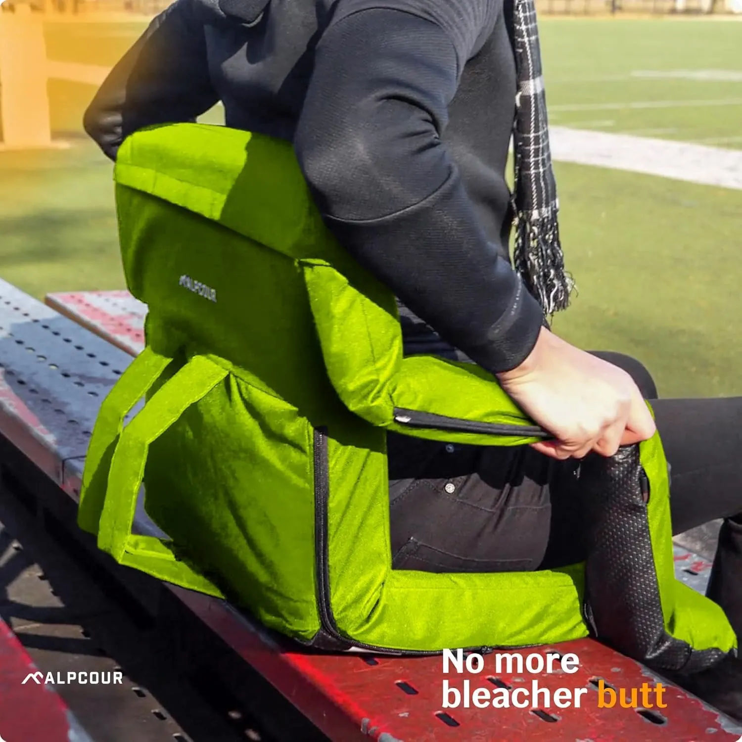 Alpcour Heated Reclining Stadium Seat for Bleachers – Wide Bleacher Chair with Back Support and Cushion, Armrests, Side Pockets, & Hook – Stadium Seats Chairs for Camping, Kayak, Paddle Board & More