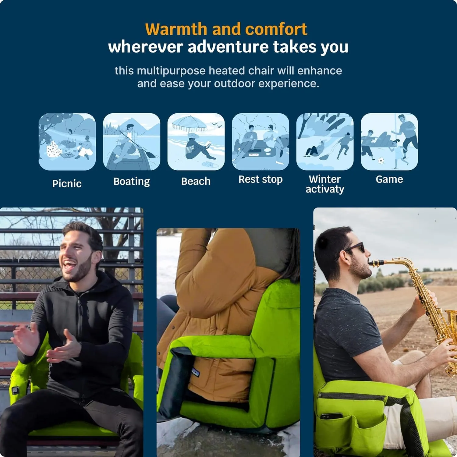 Alpcour Heated Reclining Stadium Seat for Bleachers – Wide Bleacher Chair with Back Support and Cushion, Armrests, Side Pockets, & Hook – Stadium Seats Chairs for Camping, Kayak, Paddle Board & More
