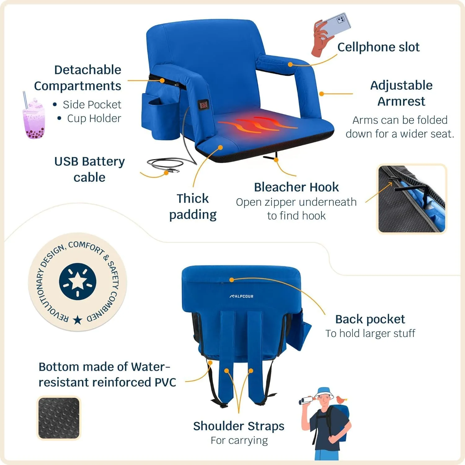 Alpcour Heated Reclining Stadium Seat for Bleachers – Wide Bleacher Chair with Back Support and Cushion, Armrests, Side Pockets, & Hook – Stadium Seats Chairs for Camping, Kayak, Paddle Board & More