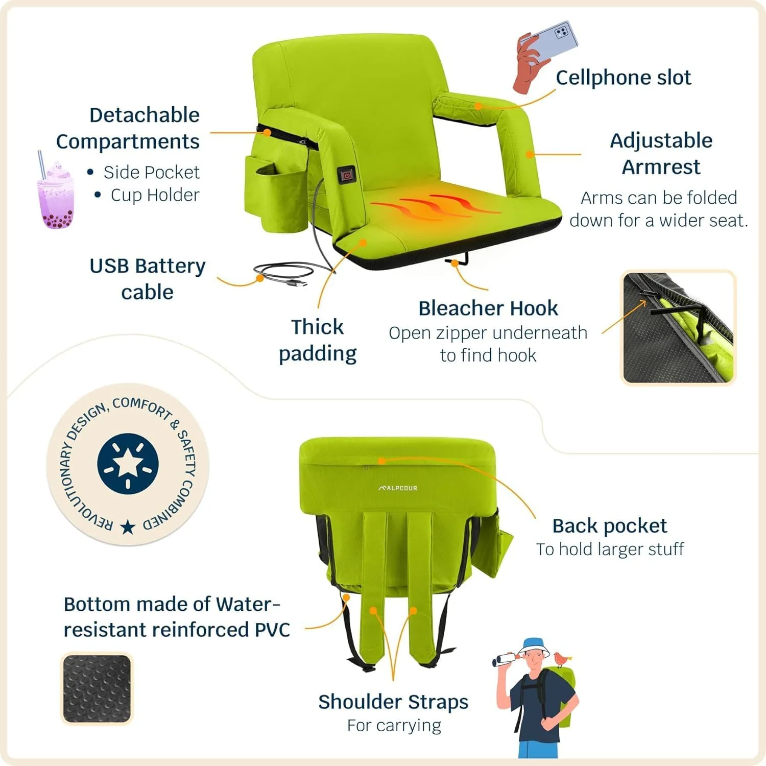 Alpcour Heated Reclining Stadium Seat for Bleachers – Wide Bleacher Chair with Back Support and Cushion, Armrests, Side Pockets, & Hook – Stadium Seats Chairs for Camping, Kayak, Paddle Board & More