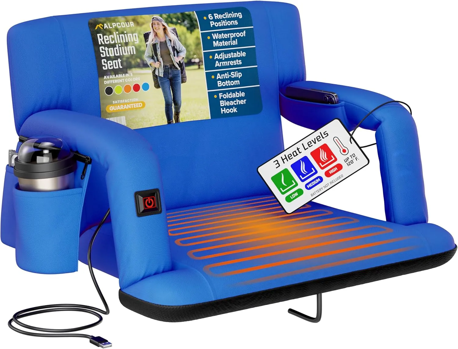 Alpcour Heated Reclining Stadium Seat for Bleachers – Wide Bleacher Chair with Back Support and Cushion, Armrests, Side Pockets, & Hook – Stadium Seats Chairs for Camping, Kayak, Paddle Board & More