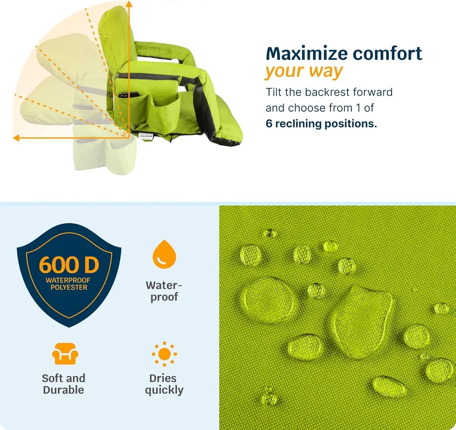 Alpcour Heated Reclining Stadium Seat for Bleachers – Wide Bleacher Chair with Back Support and Cushion, Armrests, Side Pockets, & Hook – Stadium Seats Chairs for Camping, Kayak, Paddle Board & More