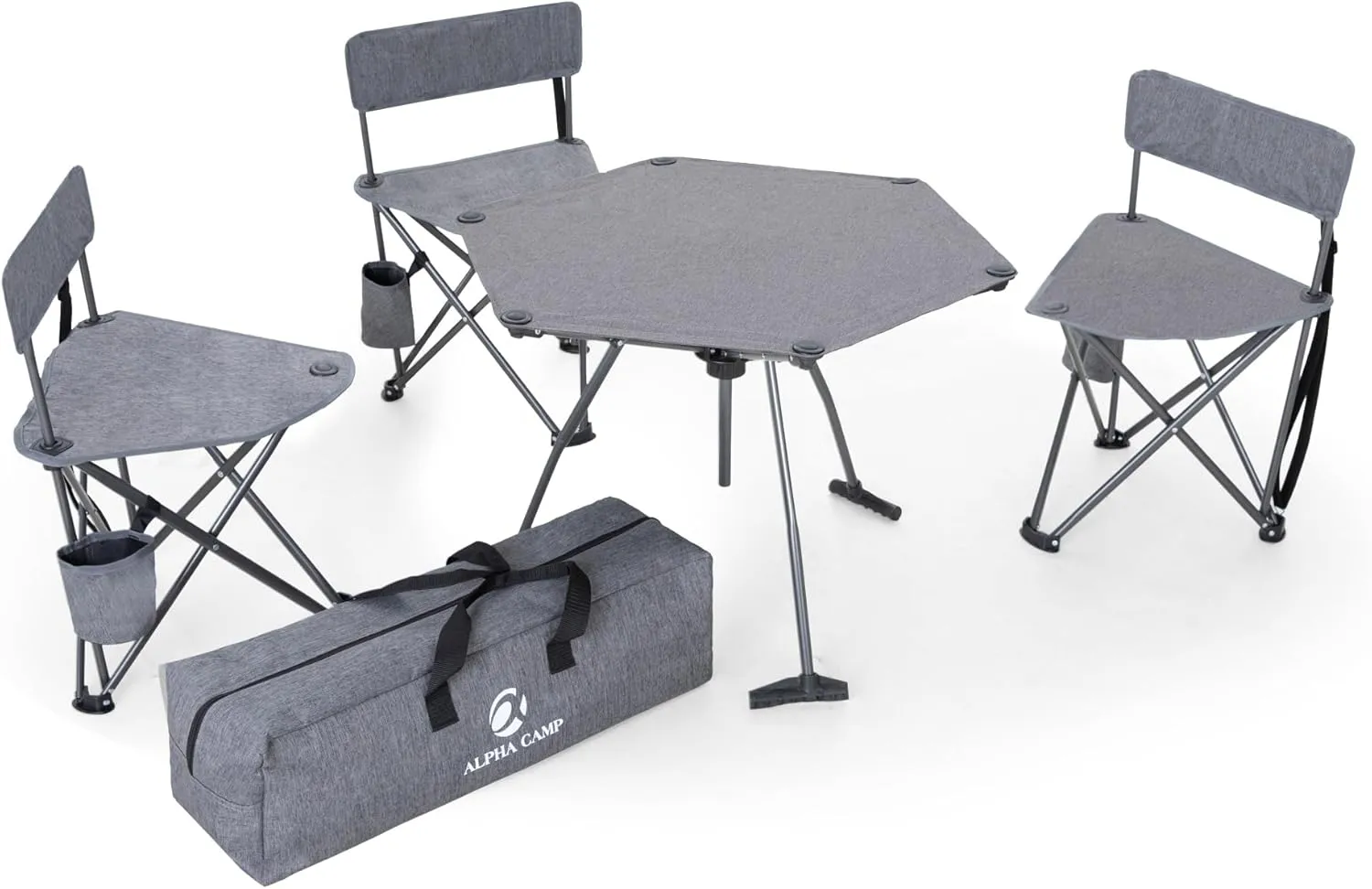 ALPHA CAMP Tripod Camping Chairs and Table Set of 4, Tripod Stool with Backrest & Lightweight Camp Table, Portable Camp Chair with Carry Strap, Cup Holder, Carry Bag for Adults Hiking, Fishing, Picnic