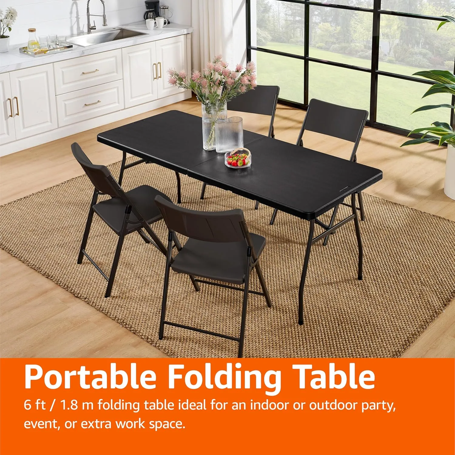 Amazon Basics Heavy Duty Portable Folding Table 6 ft with Carrying Handle, Indoor & Outdoor, Black