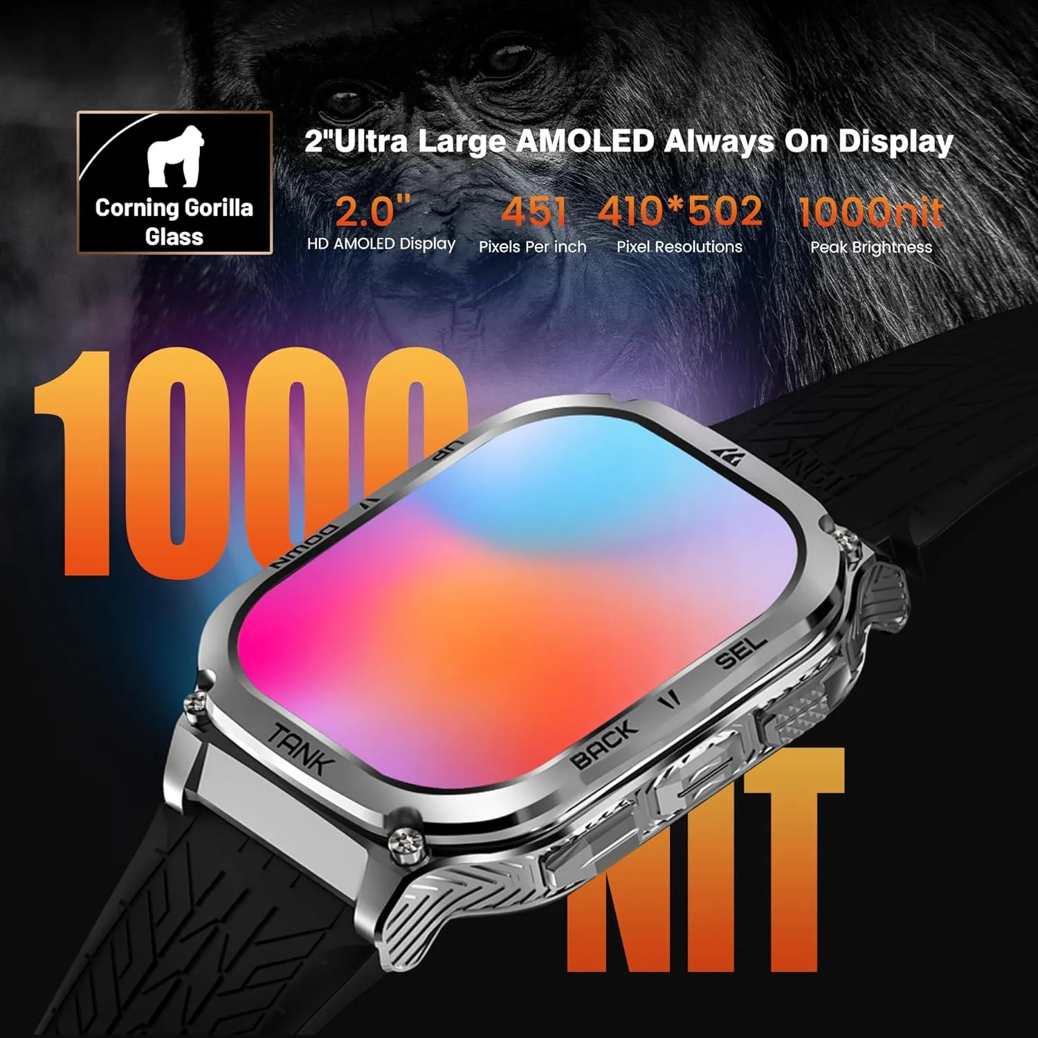 AMAZTIM Military Smart Watch with GPS, 6 Satellite Positioning/Compass, Stainless Steel Body, 50M Waterproof, 480mAh Extra-Large Battery, Answer/Make Call, 2" AMOLED Screen (Bright Silver)