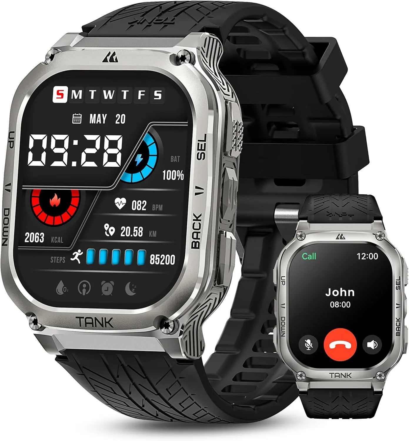 AMAZTIM Military Smart Watch with GPS, 6 Satellite Positioning/Compass, Stainless Steel Body, 50M Waterproof, 480mAh Extra-Large Battery, Answer/Make Call, 2" AMOLED Screen (Bright Silver)