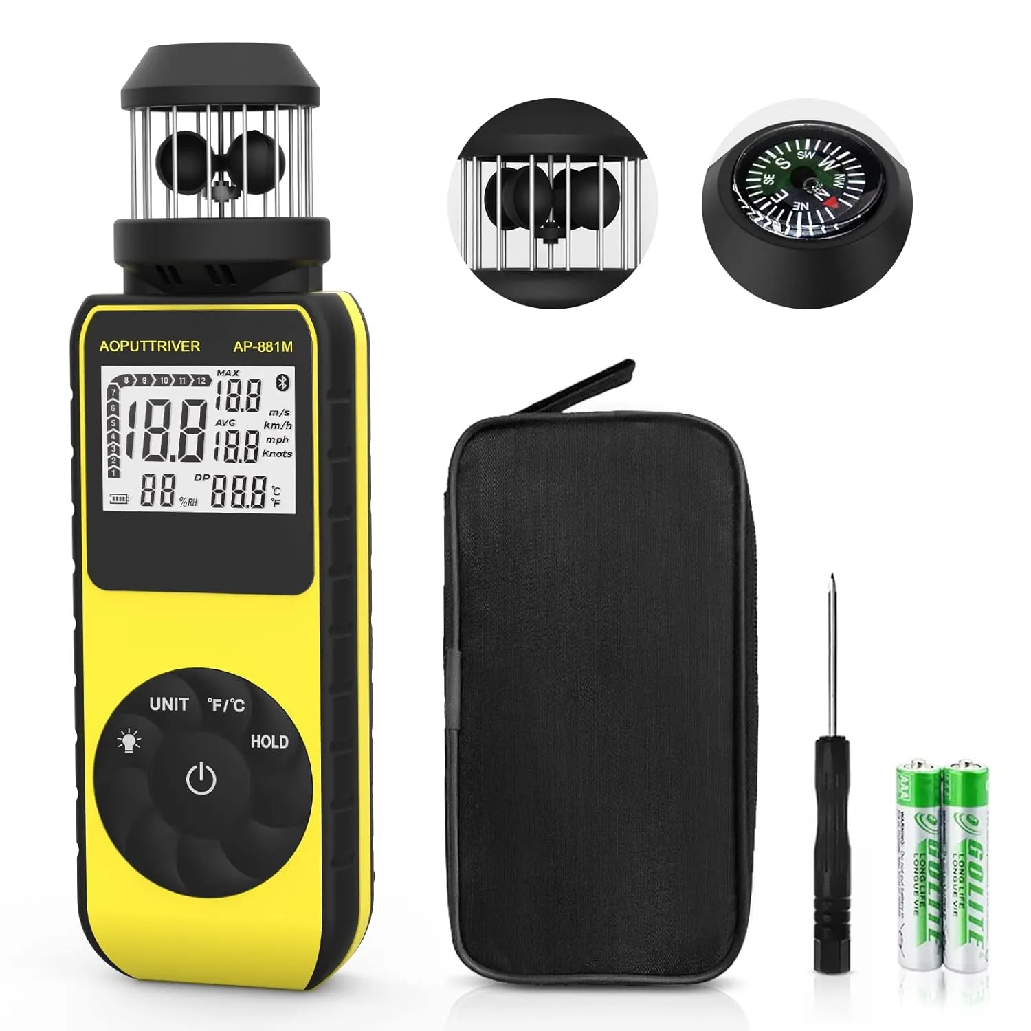 Anemometer Handheld Wind Cup Anemometer with Direction, Wind Speed Meter with 360°Wind Directions and Temp(℃/℉) Measuring Air Speed Air Volume for HVAC Vents, Boat Sailing, Shooting