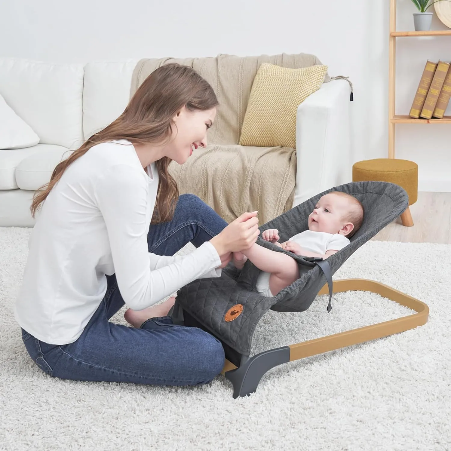 ANGELBLISS Baby Bouncer, Portable Bouncer Seat for Babies, Infants Bouncy Seat with Wood Grain Base, Natural Vibrations (Grey)