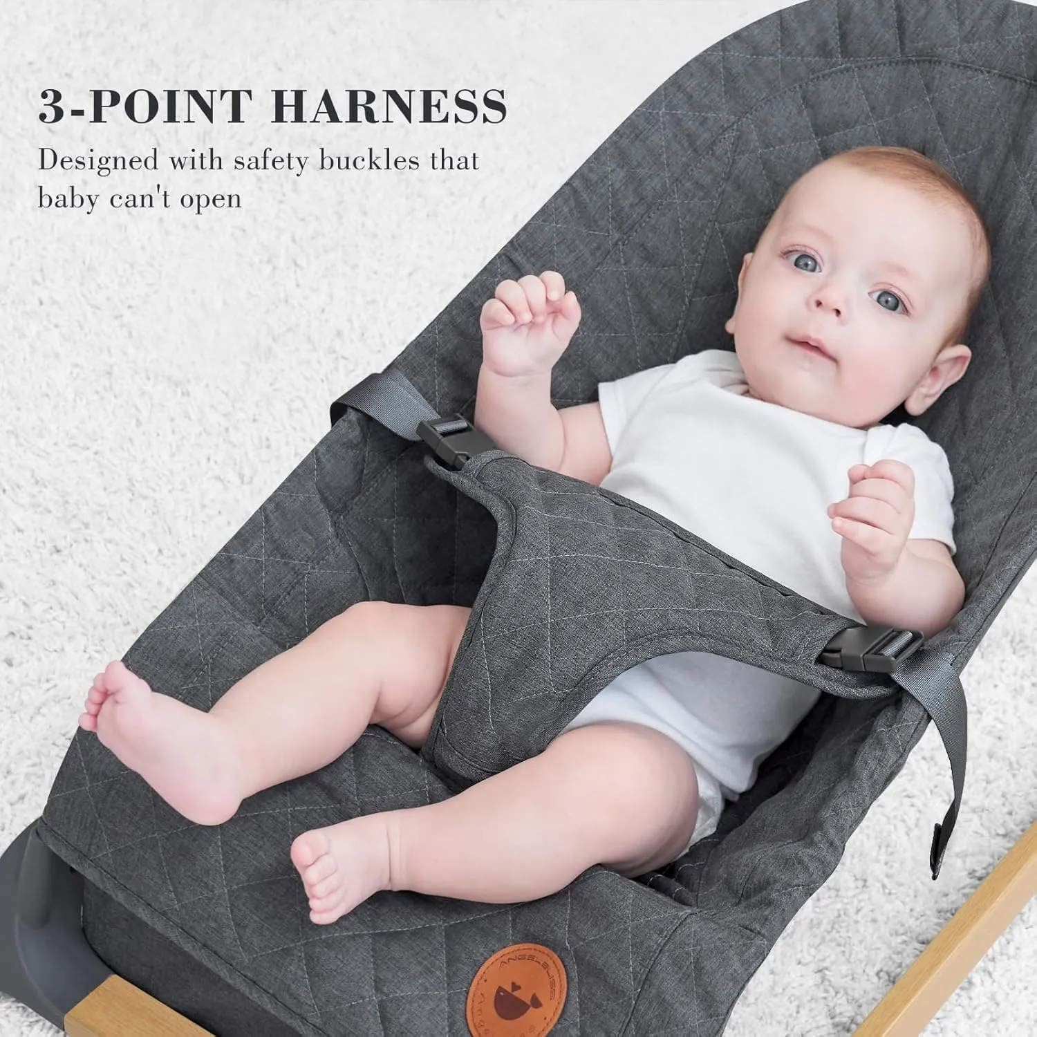ANGELBLISS Baby Bouncer, Portable Bouncer Seat for Babies, Infants Bouncy Seat with Wood Grain Base, Natural Vibrations (Grey)