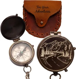 Antique Brass Compass with Leather Case - Mountains & Roads Engraved Pocket Compass for Men - Genuine Leather Pouch Stamped with 'For Your Adventures' - Vintage Gift for Husband, Father & Son