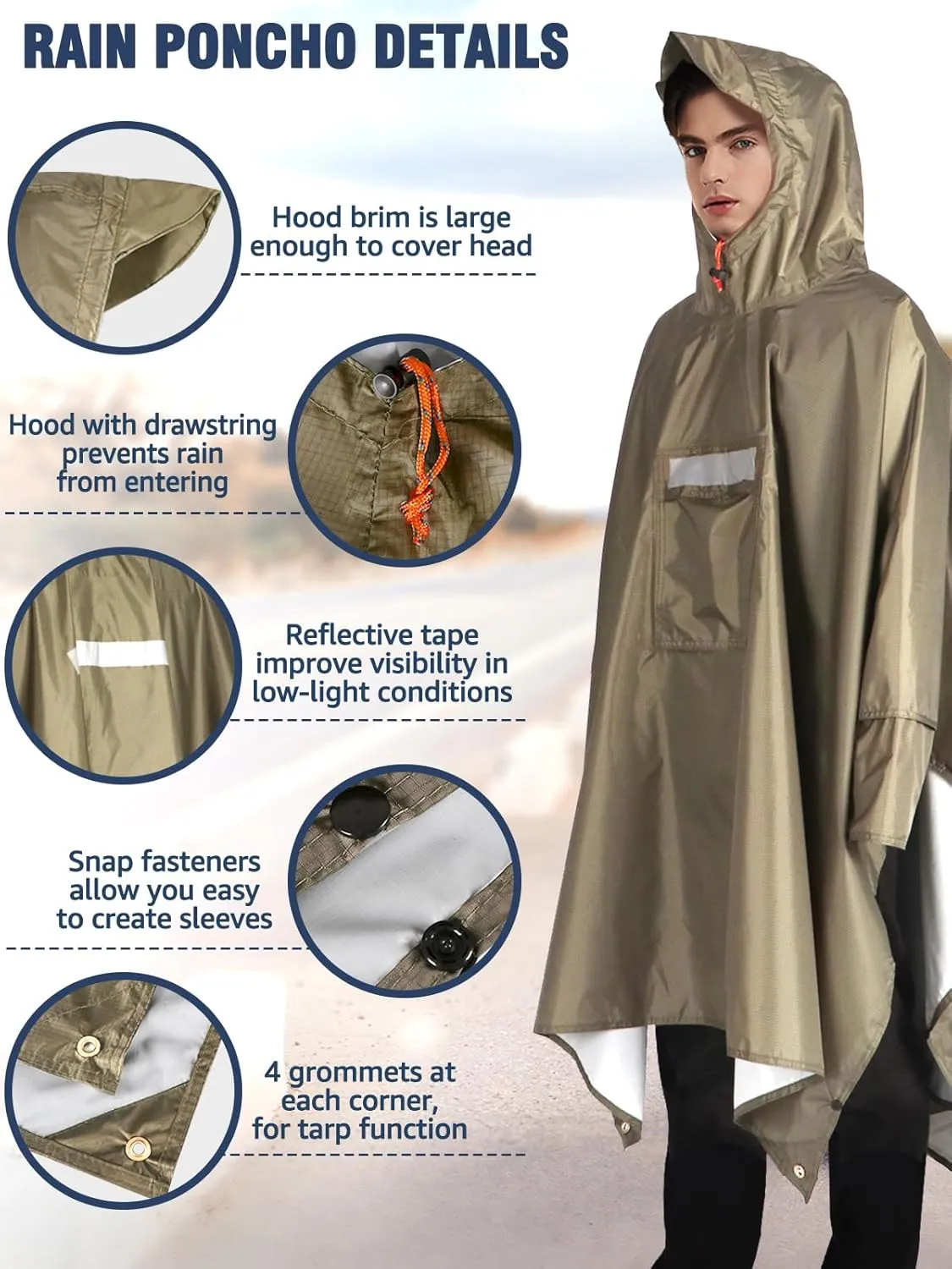 ANYOO Hooded Rain Poncho for Adults Waterproof Lightweight Rain Coat for Men Women Reusable Rain Jacket for Emergency Outdoor
