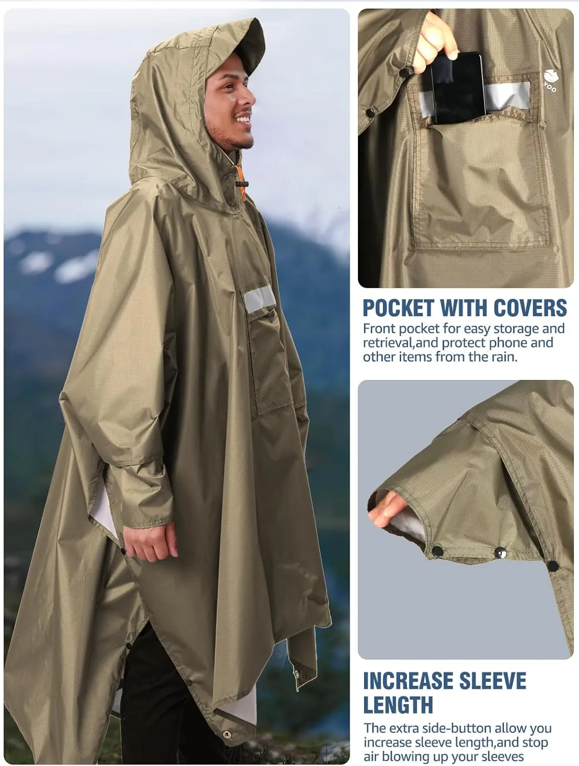ANYOO Hooded Rain Poncho for Adults Waterproof Lightweight Rain Coat for Men Women Reusable Rain Jacket for Emergency Outdoor