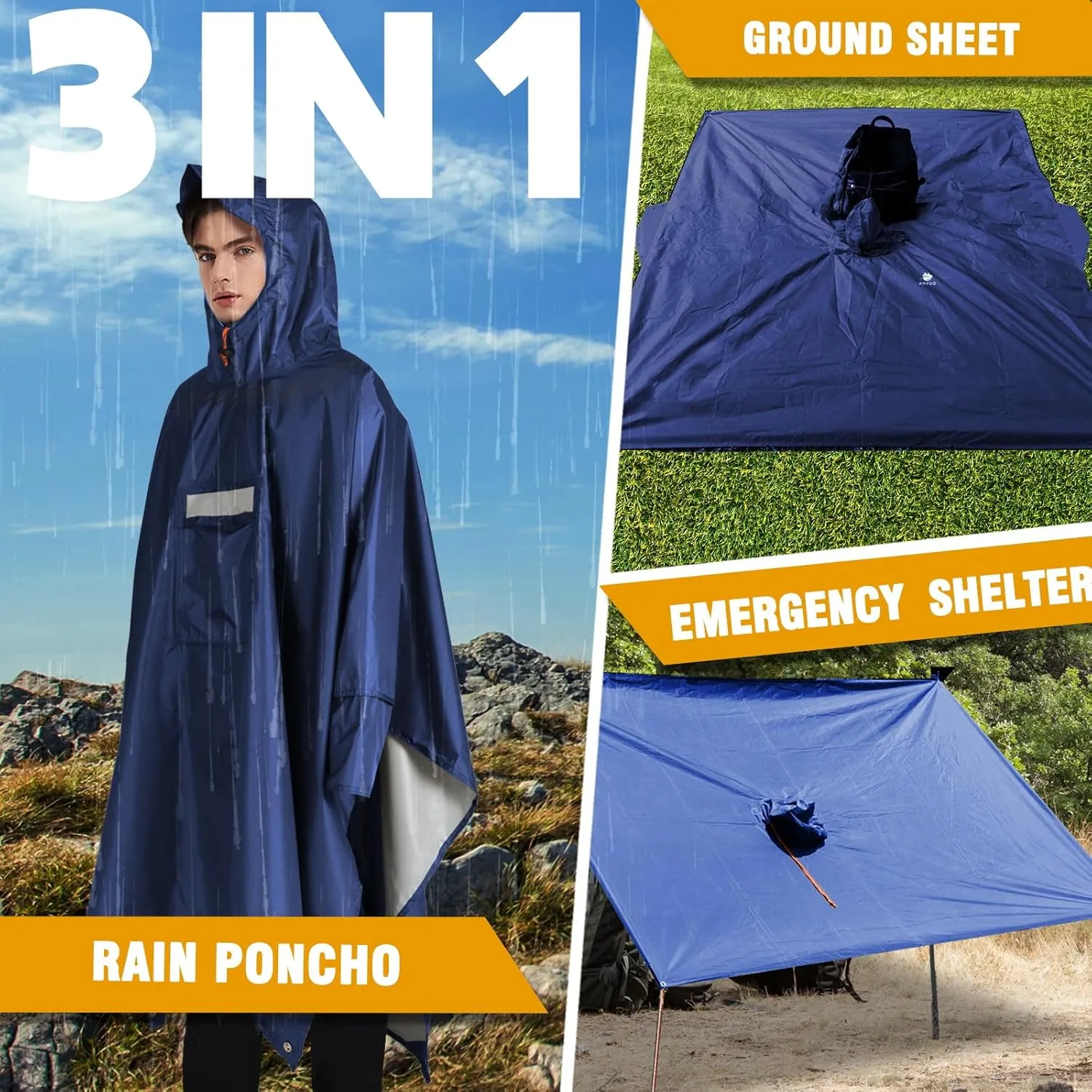 ANYOO Hooded Rain Poncho for Adults Waterproof Lightweight Rain Coat for Men Women Reusable Rain Jacket for Emergency Outdoor