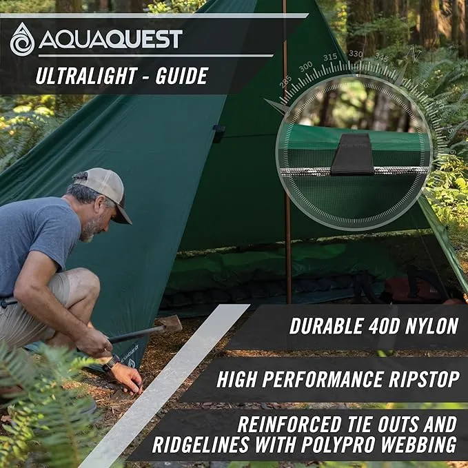 AquaQuest Guide Camping Tarp - Ultralight Tent Cover or Rain Fly - Waterproof Camping Gear Must Haves for Hiking, Hammock, Bivy & Survival, 10 x 7 ft, Olive Drab Kit