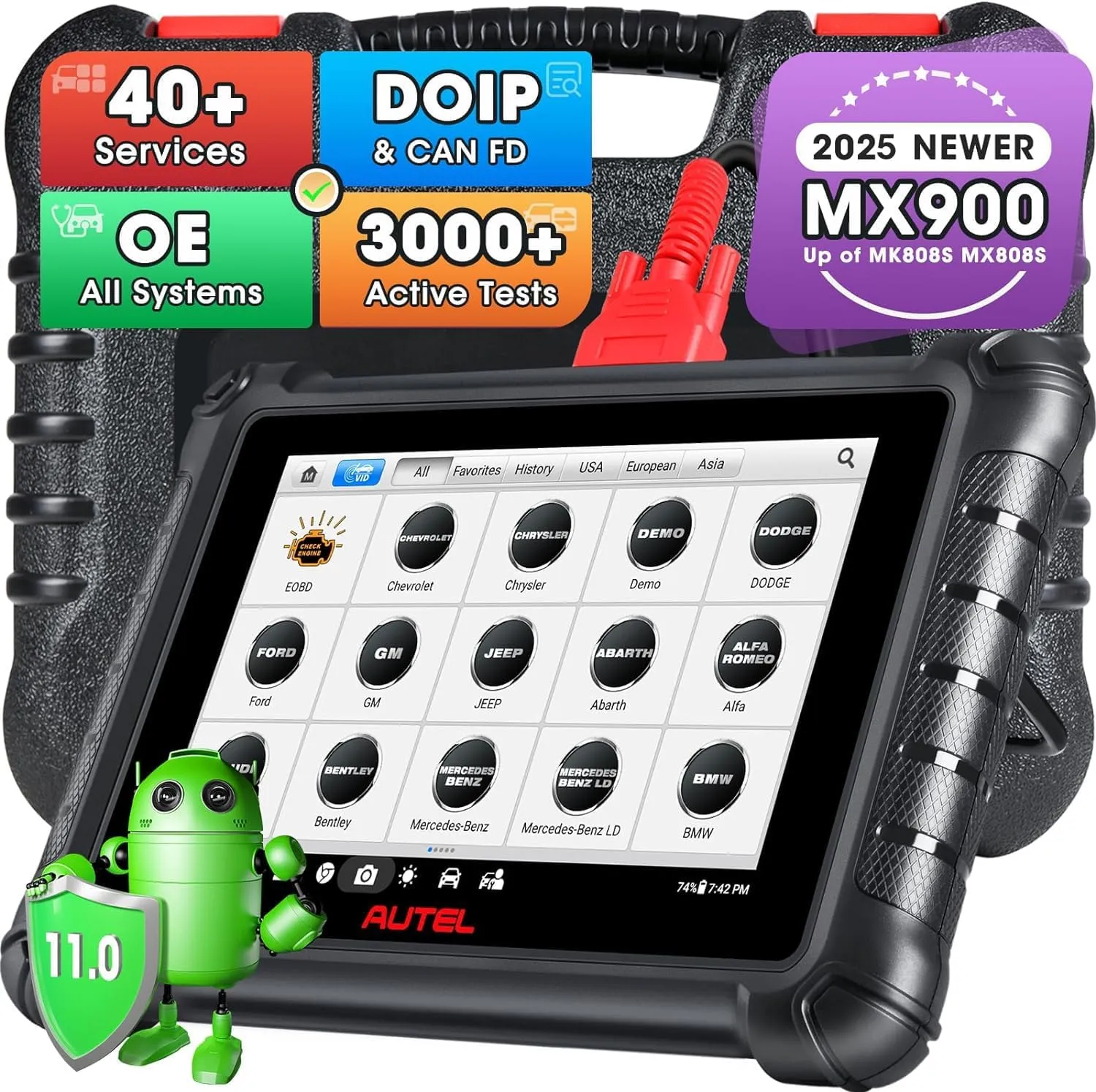 Autel MaxiCheck MX900 Scanner, 2025 V2.0 Bidirectional Diagnostic Scan Tool, Newer of MaxiCOM MK900 MK808S MX808S MS906, CAN FD & DoIP, 3000  Active Tests 40  Services as MP900, All Systems, FCA, 11OS