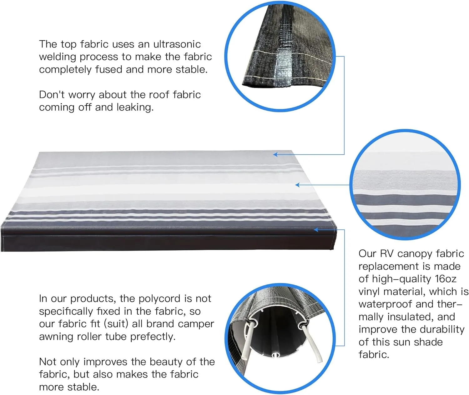 AWNLUX RV Awning Fabric Replacement Waterproof Vinyl Shade Screen for Awnings Camping Universal Fit Fabric Sun Shade UV Sun Blocker Canopy RV Awning Shade Shelter Charcoal Fade-15'(Fabric 14'2")