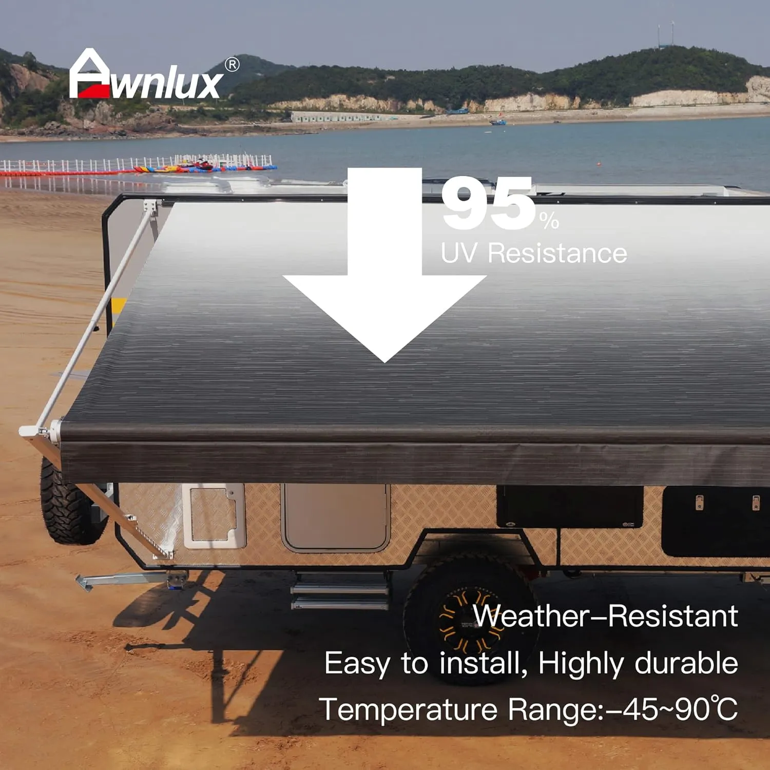 AWNLUX RV Awning Fabric Replacement Waterproof Vinyl Shade Screen for Awnings Camping Universal Fit Fabric Sun Shade UV Sun Blocker Canopy RV Awning Shade Shelter Charcoal Fade-15'(Fabric 14'2")