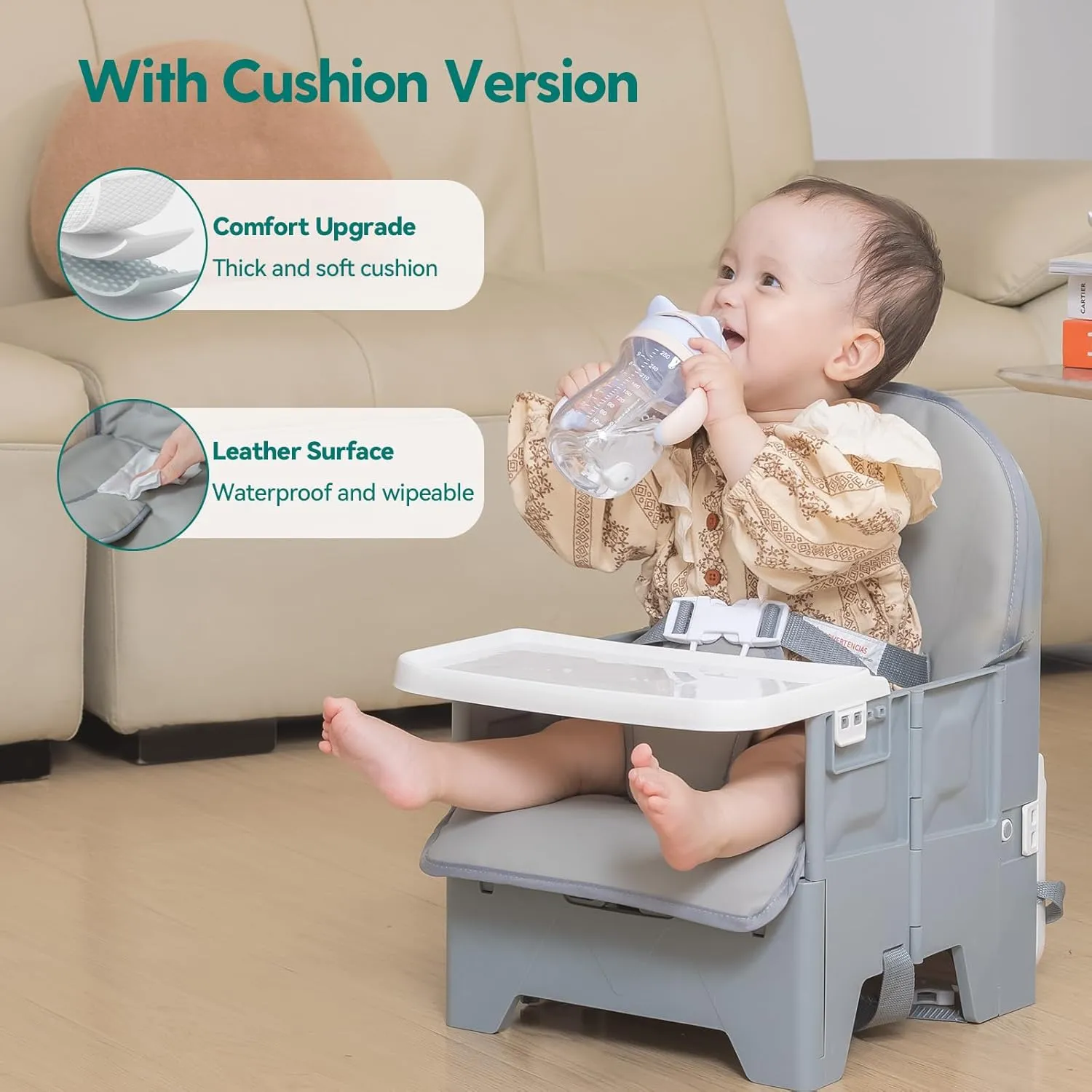 BABELIO Portable Booster Seat for Kitchen Chair with PU Waterproof Cushion, Compact Folding High Baby Chair for Travel with Feeding Tray, Great for Baby, Dining Table, Camping, Beach, Slate Grey