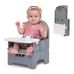 BABELIO Portable Booster Seat for Kitchen Chair with PU Waterproof Cushion, Compact Folding High Baby Chair for Travel with Feeding Tray, Great for Baby, Dining Table, Camping, Beach, Slate Grey