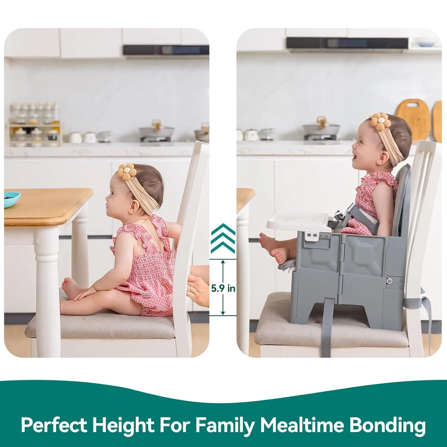 BABELIO Portable Booster Seat for Kitchen Chair with PU Waterproof Cushion, Compact Folding High Baby Chair for Travel with Feeding Tray, Great for Baby, Dining Table, Camping, Beach, Slate Grey