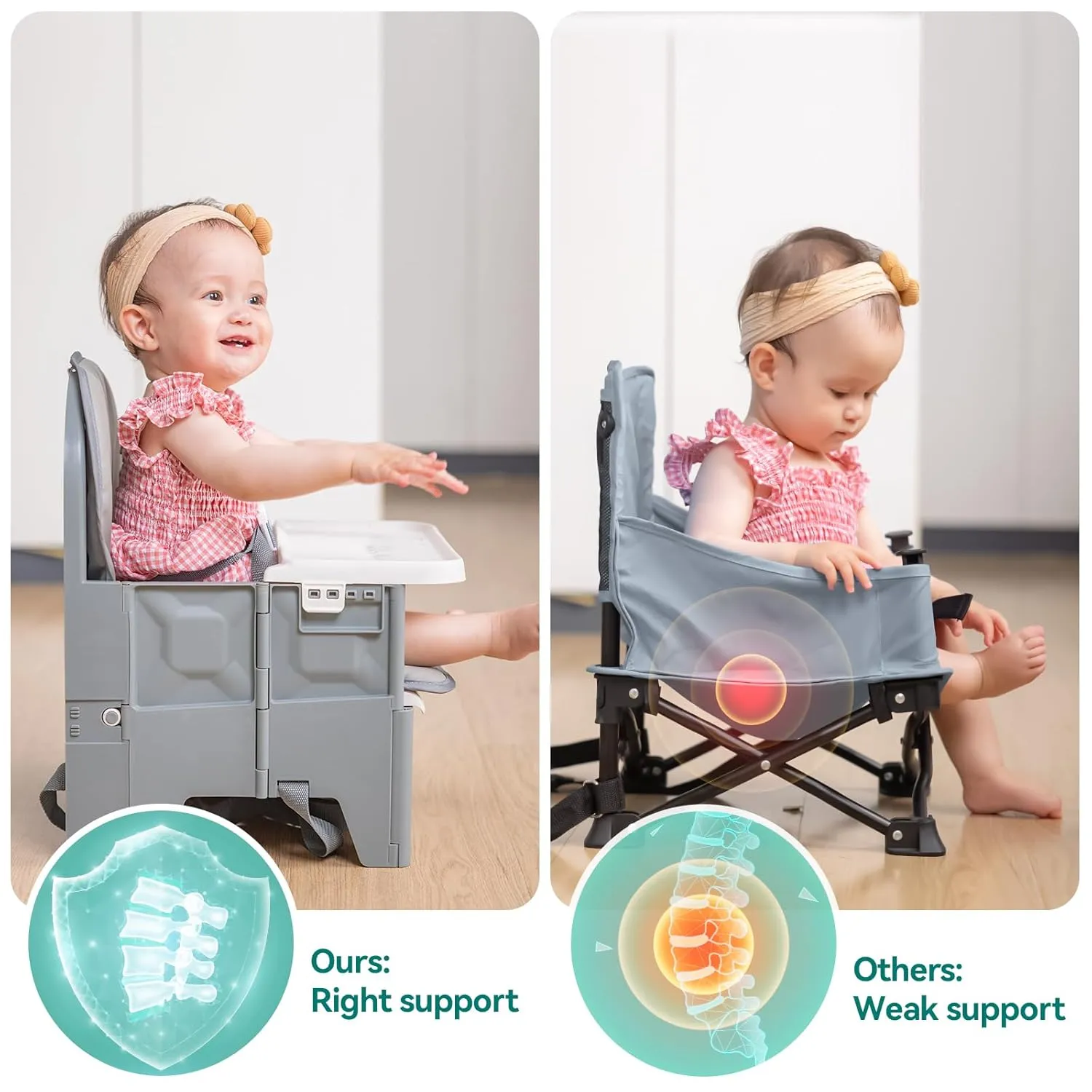 BABELIO Portable Booster Seat for Kitchen Chair with PU Waterproof Cushion, Compact Folding High Baby Chair for Travel with Feeding Tray, Great for Baby, Dining Table, Camping, Beach, Slate Grey