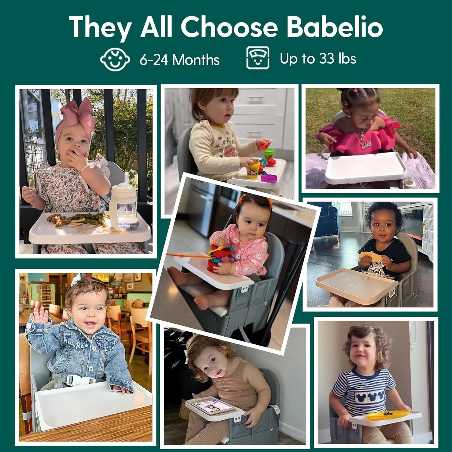 BABELIO Portable Booster Seat for Kitchen Chair with PU Waterproof Cushion, Compact Folding High Baby Chair for Travel with Feeding Tray, Great for Baby, Dining Table, Camping, Beach, Slate Grey