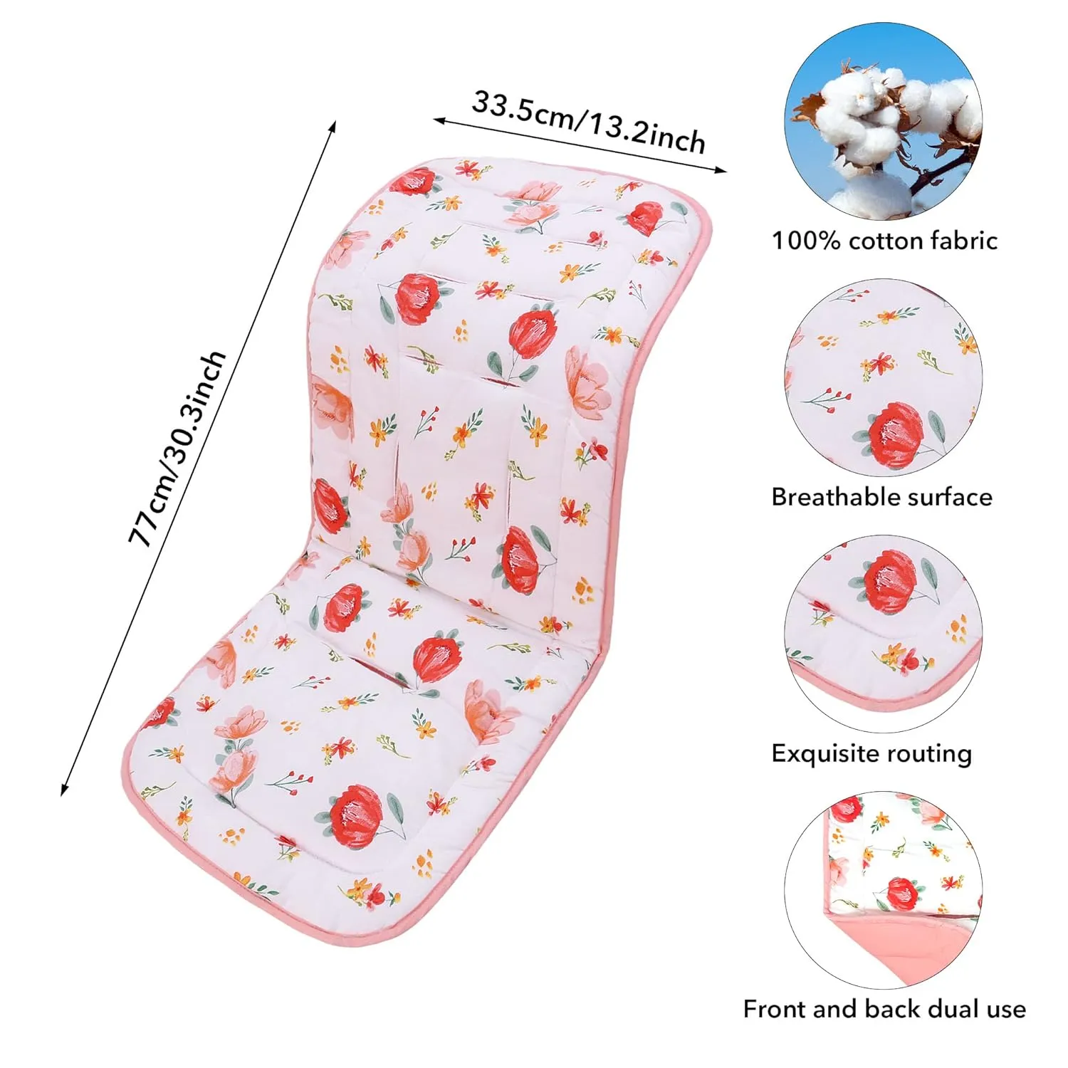 Baby Carriage Cushion, Universal Breathable Stroller Mat, Stroller Cushion for Strollers 100% Cotton, 34x78cm 1 Pack（Flowers Pink））