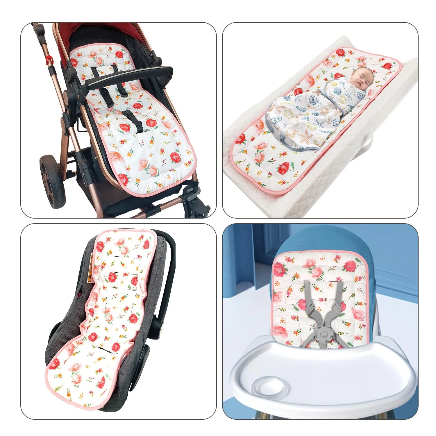 Baby Carriage Cushion, Universal Breathable Stroller Mat, Stroller Cushion for Strollers 100% Cotton, 34x78cm 1 Pack（Flowers Pink））