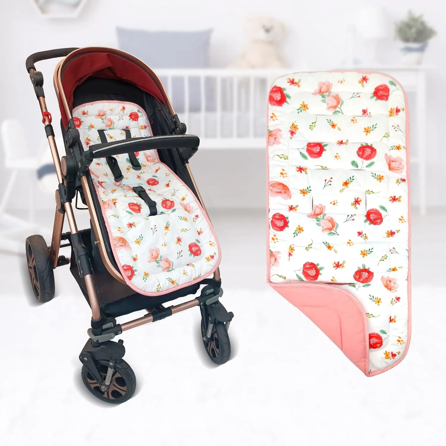 Baby Carriage Cushion, Universal Breathable Stroller Mat, Stroller Cushion for Strollers 100% Cotton, 34x78cm 1 Pack（Flowers Pink））