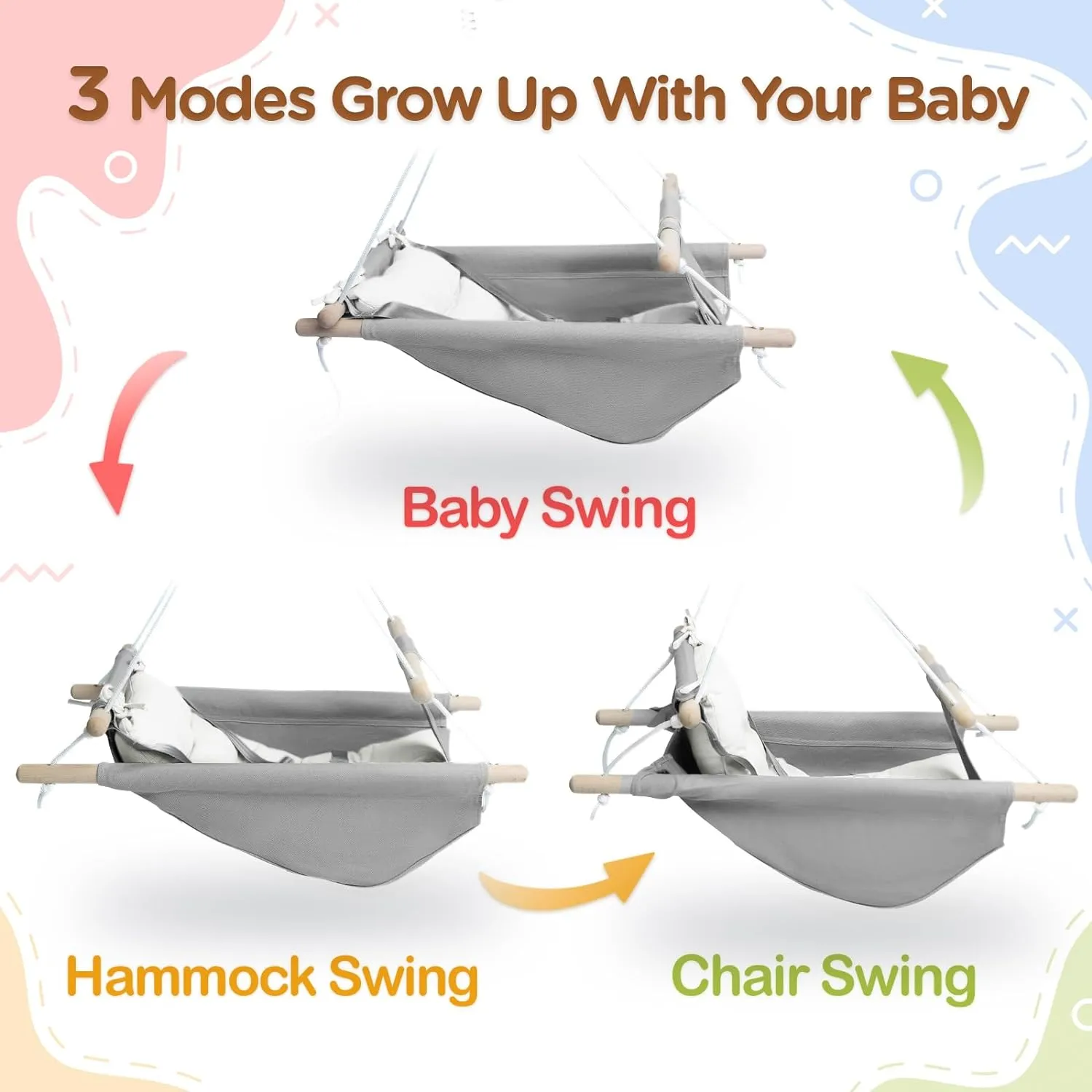 Baby Swing Indoor and Outdoor, Canvas Hammock Swing for Baby to Toddler with a Comfortable Seat, Macaroon Wooden Toy, Adjustable 5-Point Harness,3 Modes,Gift for Baby Boys Girls, Grey&White