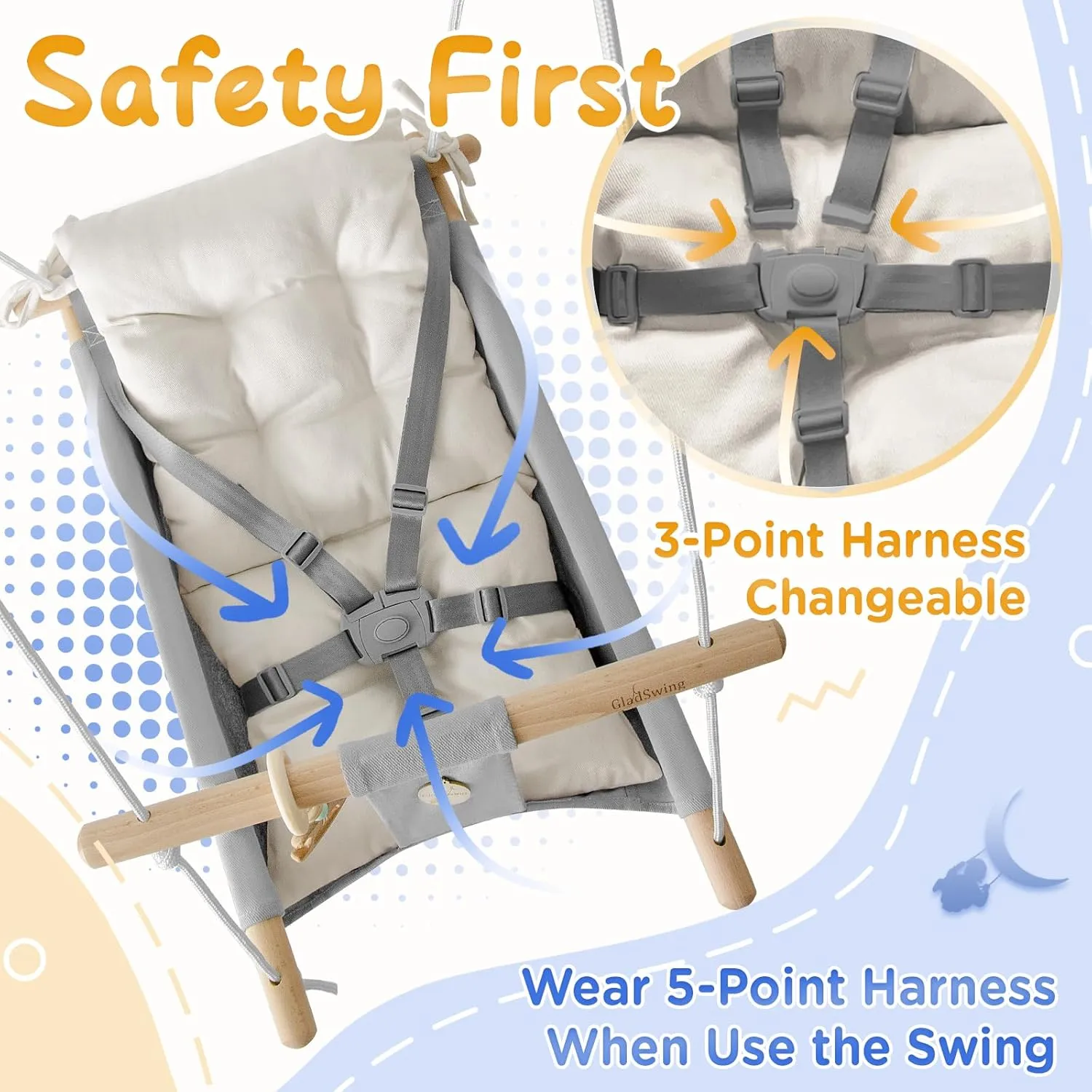 Baby Swing Indoor and Outdoor, Canvas Hammock Swing for Baby to Toddler with a Comfortable Seat, Macaroon Wooden Toy, Adjustable 5-Point Harness,3 Modes,Gift for Baby Boys Girls, Grey&White