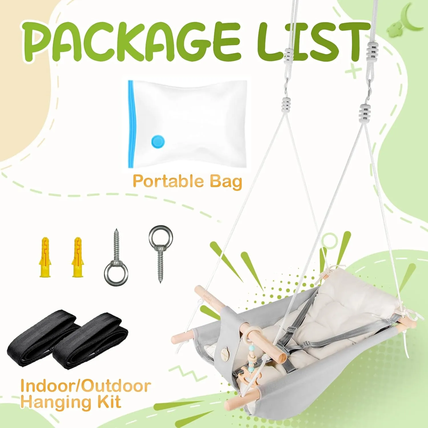 Baby Swing Indoor and Outdoor, Canvas Hammock Swing for Baby to Toddler with a Comfortable Seat, Macaroon Wooden Toy, Adjustable 5-Point Harness,3 Modes,Gift for Baby Boys Girls, Grey&White