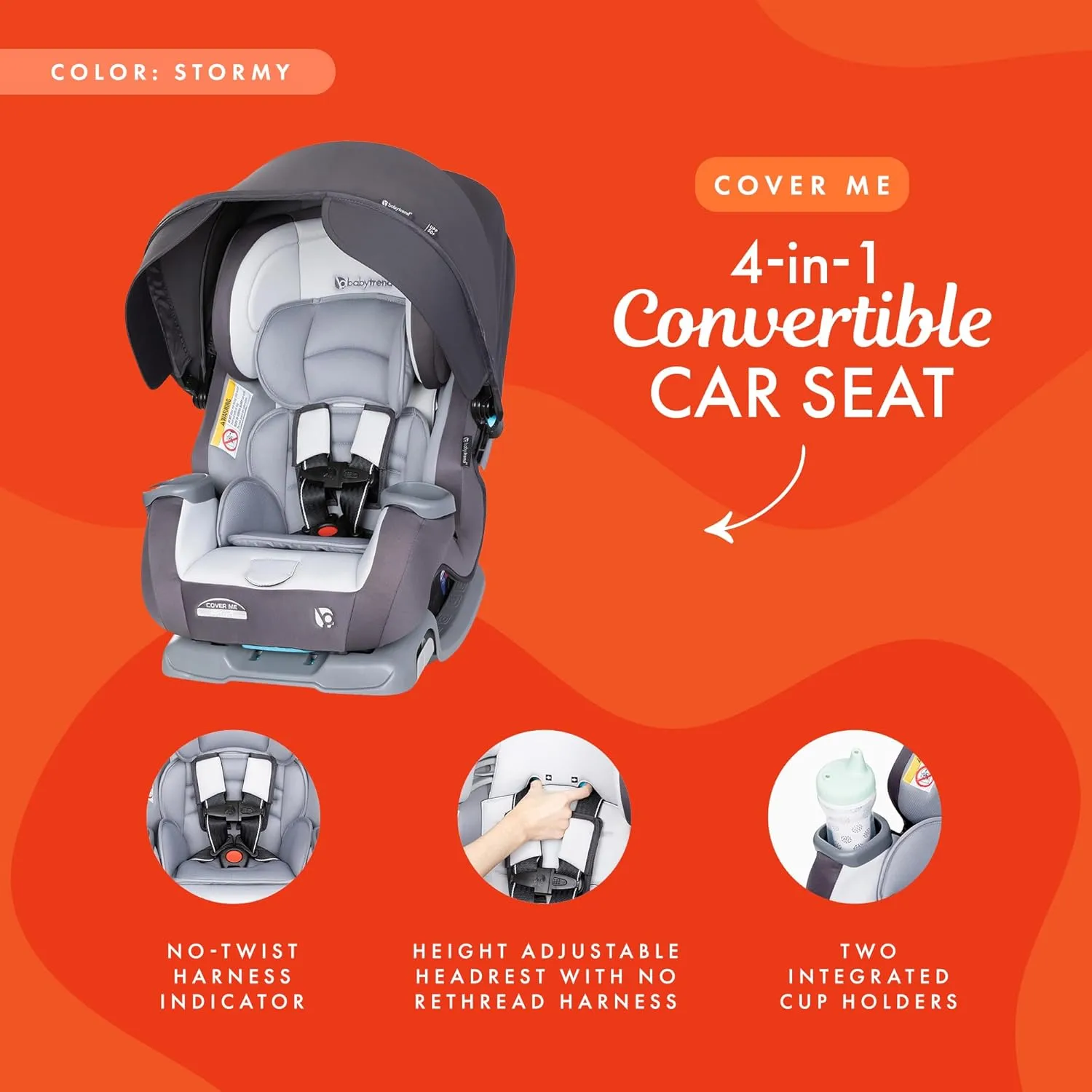 Baby Trend Cover Me 4-in-1 Car Seat Convertible Infant Toddler Rotating Safety Seat with Adjustable/Removable Canopy and 2 Cup Holders, Stormy Gray