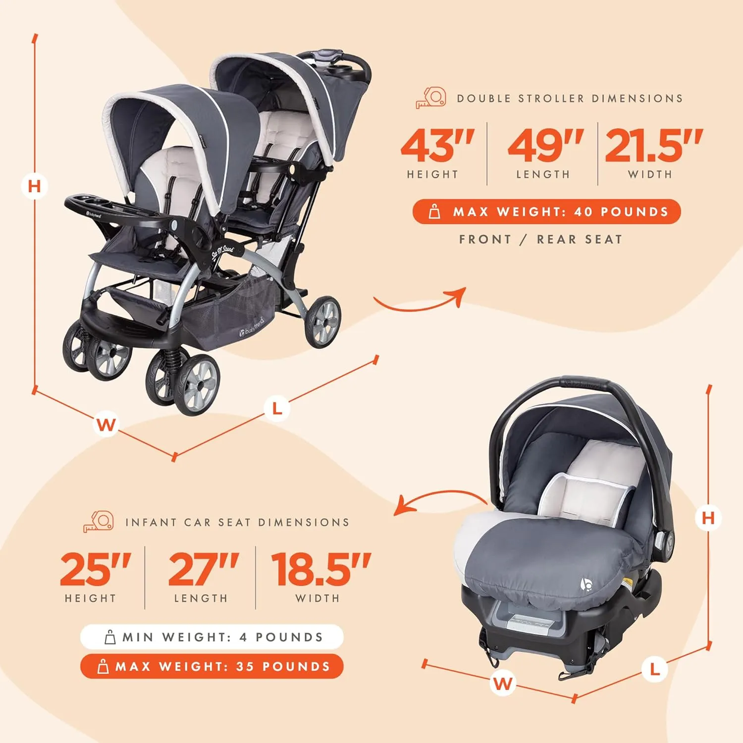 Baby Trend Infant and Toddler Double Stroller & Car Seat Combo, 2 Pc Set, Magnolia - Portable and Lightweight Stroller Duo and Car Seat Travel System Tandem