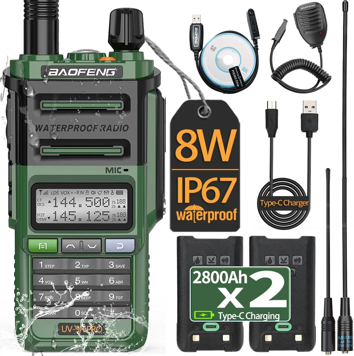BAOFENG UV-9R Pro 8W Ham Radio Long Range Handheld Dual Band Tri- Power Waterproof Rechargeable Walkie Talkies with Programming Cable,Speaker Mic and Type-C Charging Cable for Hunting Survival Gear