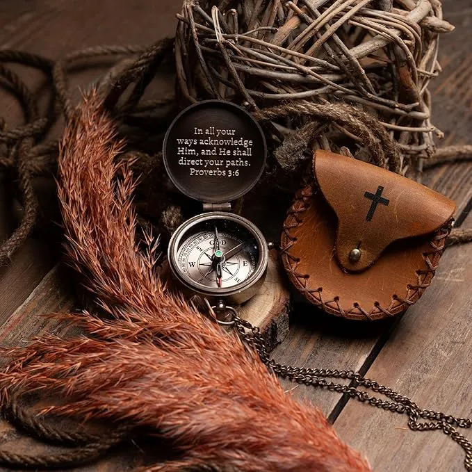 Baptism Gift for Boys, May Your Faith Always Guide You Engraved Working Handmade Compass with Leather Case, Gifts for First Communion Confirmation Christening, Religious Gifts for Men