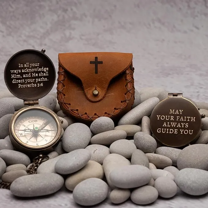 Baptism Gift for Boys, May Your Faith Always Guide You Engraved Working Handmade Compass with Leather Case, Gifts for First Communion Confirmation Christening, Religious Gifts for Men