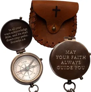 Baptism Gift for Boys, May Your Faith Always Guide You Engraved Working Handmade Compass with Leather Case, Gifts for First Communion Confirmation Christening, Religious Gifts for Men