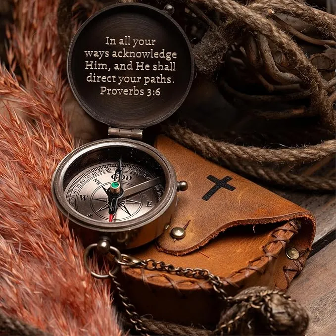 Baptism Gift for Boys, May Your Faith Always Guide You Engraved Working Handmade Compass with Leather Case, Gifts for First Communion Confirmation Christening, Religious Gifts for Men