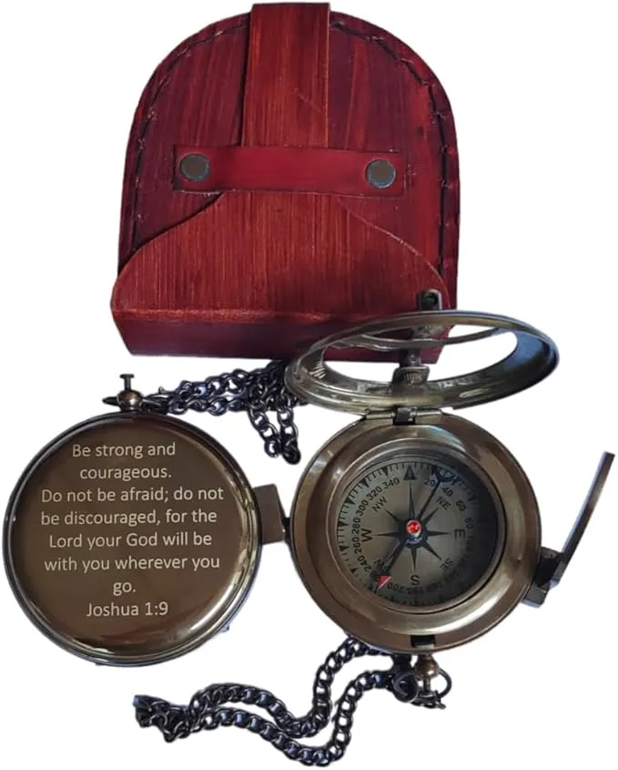 Be Strong and Courageous for The Lord Engraved Brass Antique Compass with Leather Case - Joshua 1:9 Brass Pocket Compass Camping & Hiking Compass for Birthday, Anniversary, Graduation, Baptism