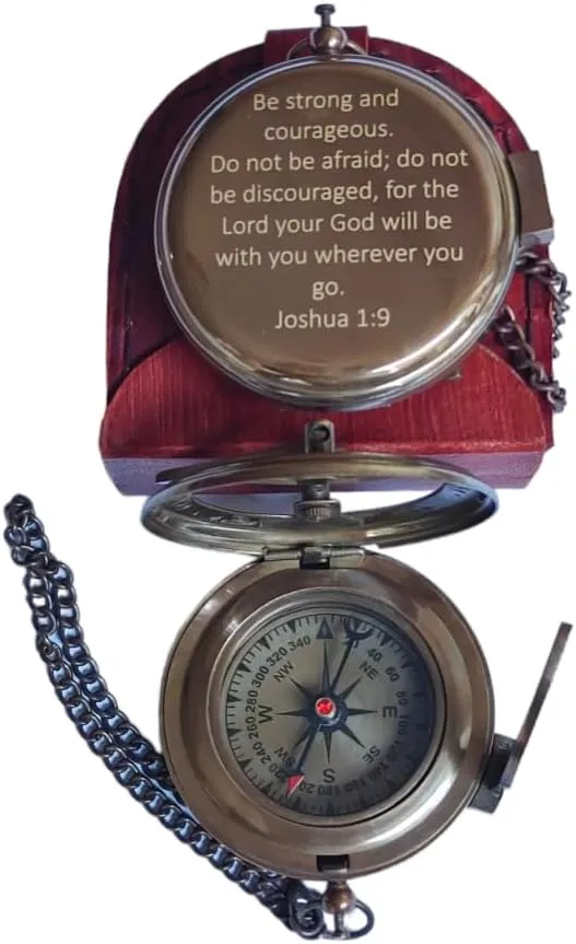 Be Strong and Courageous for The Lord Engraved Brass Antique Compass with Leather Case - Joshua 1:9 Brass Pocket Compass Camping & Hiking Compass for Birthday, Anniversary, Graduation, Baptism