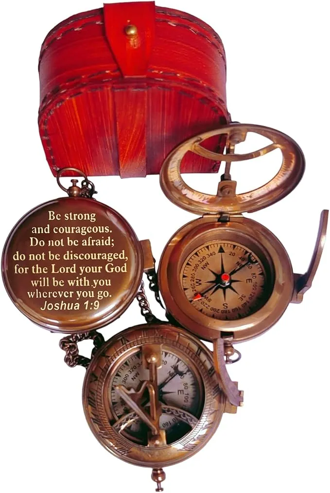 Be Strong and Courageous for The Lord Engraved Brass Antique Compass with Leather Case - Joshua 1:9 Brass Pocket Compass Camping & Hiking Compass for Birthday, Anniversary, Graduation, Baptism