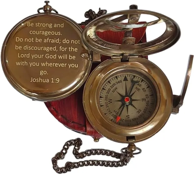 Be Strong and Courageous for The Lord Engraved Brass Antique Compass with Leather Case - Joshua 1:9 Brass Pocket Compass Camping & Hiking Compass for Birthday, Anniversary, Graduation, Baptism
