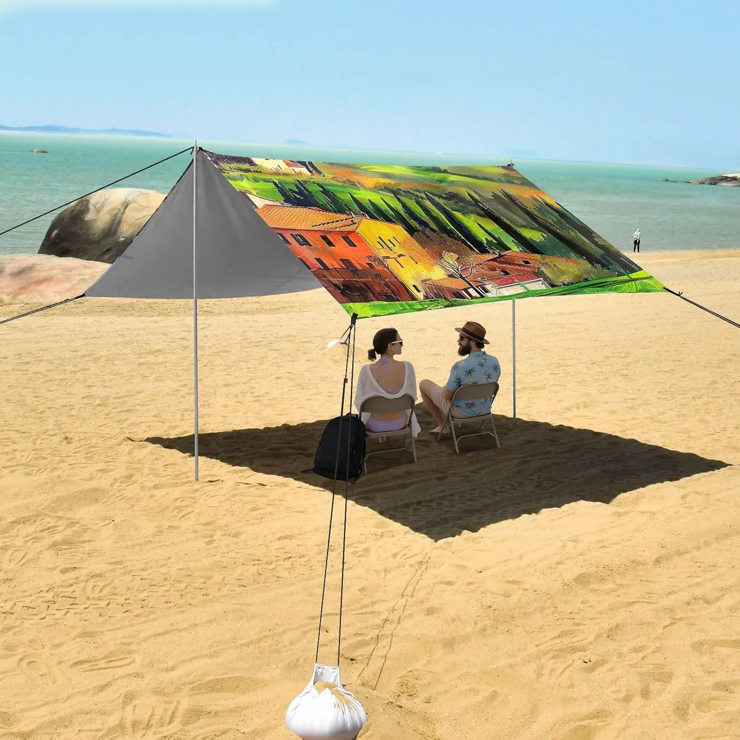 Beach Canopy Tent 9.2 × 10.5 FT Outdoor Patio Shade Cute Tuscan Countryside Landscape Shades Sand Camping Sun Shelter Waterproof with Sandbags Anchor
