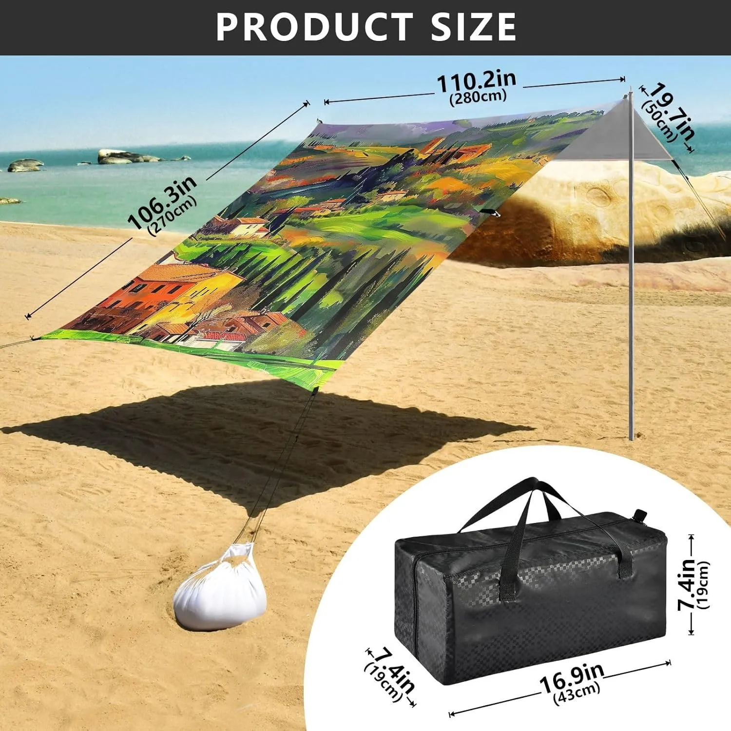 Beach Canopy Tent 9.2 × 10.5 FT Outdoor Patio Shade Cute Tuscan Countryside Landscape Shades Sand Camping Sun Shelter Waterproof with Sandbags Anchor